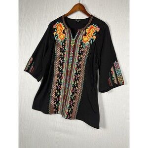Calesas Tunic Women's XL Black Embroidered Floral Folk Boho Top Colorful Bright